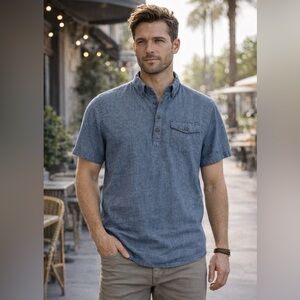 Men’s Chambray Relaxed Fit Henley Shirt Size Large Blue Short Sleeve